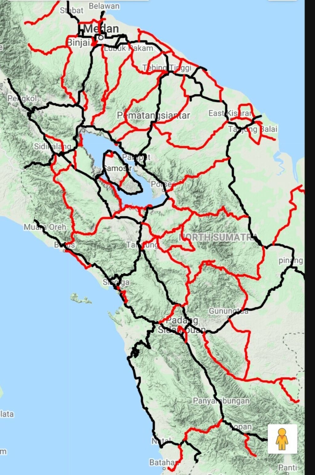 Peta jalan provinsi di Sumatera Utara sepanjang 3.005 kilometer tampak berwarna merah. Garis berwarna hitam adalah jalan nasional.