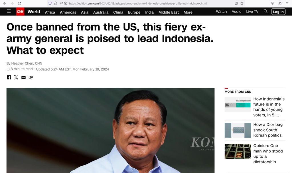 Tangkapan layar laman media Amerika Serikat, CNN, edisi Kamis (24/2/2024), membahas soal Prabowo Subianto.