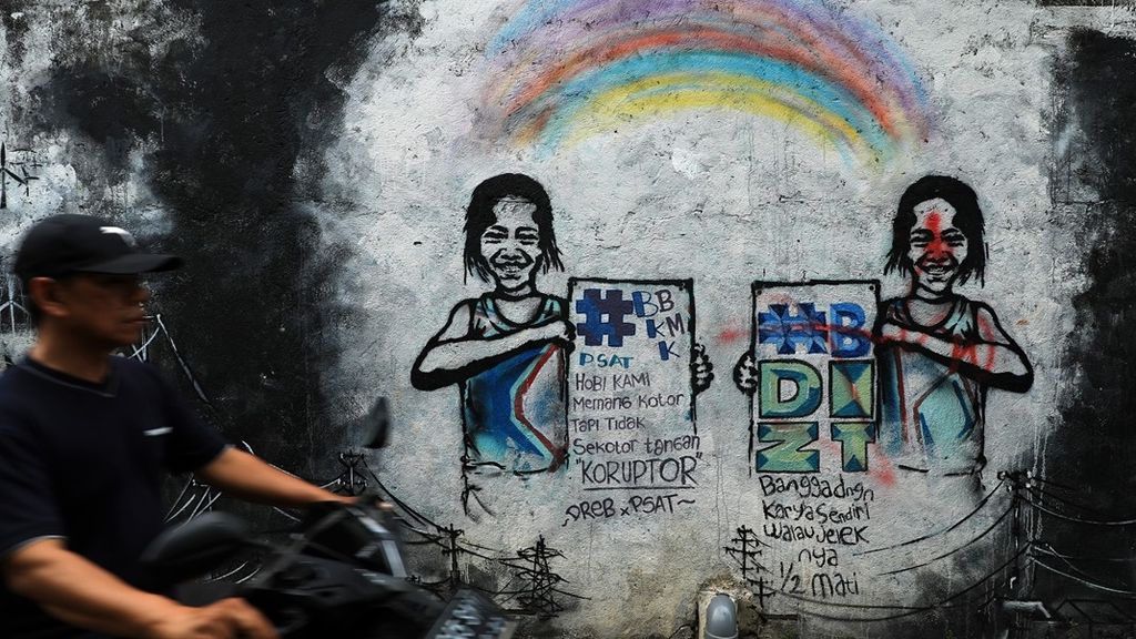 Mural dan grafiti bertema korupsi di Kebon Nanas, Kebayoran Lama, Jakarta, Kamis (29/8/2019).