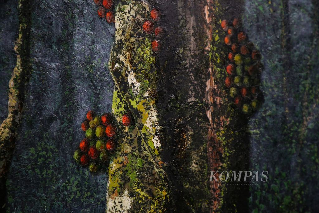 Detail lukisan berjudul pohon Ara #2 karya Mangu Putra dalam pameran tunggal bertema Serenity di Cans Gallery, Jakarta, Kamis (27/4/2023).