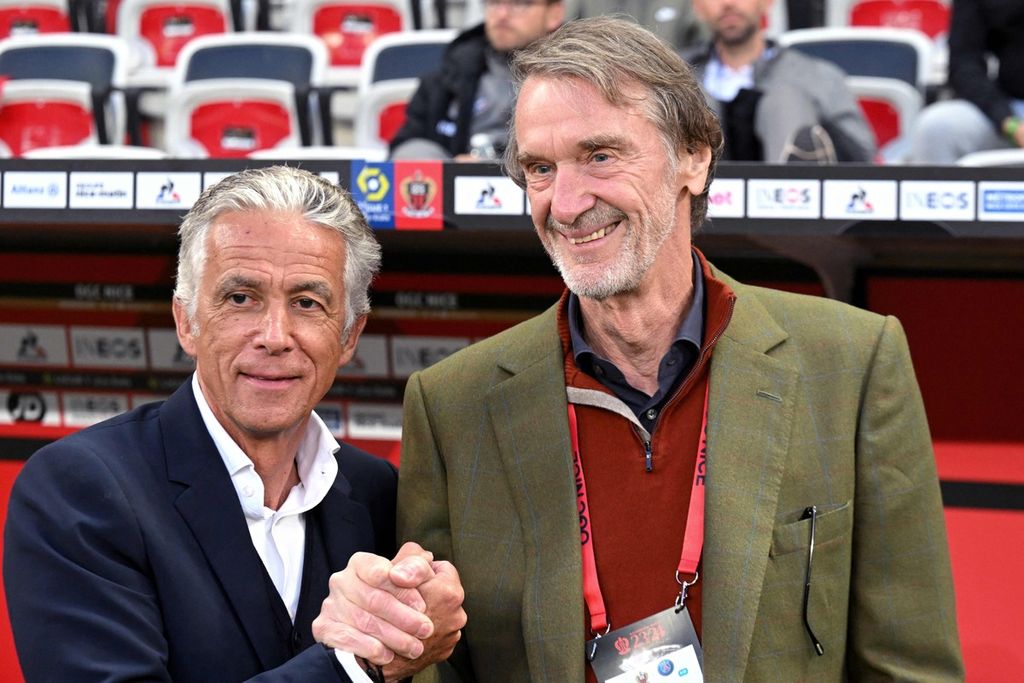 British businessman and Ineo CEO Jim Ratcliffe (right) and OGC Nice President Jean-Pierre Riviere watch the French football competition match between OGC Nice and Paris Saint-Germain at the Allianz Riviera Stadium, Nice, France, May 15, 2024. Even though his wealth is shrinking, Ratcliffe is ranked the fourth richest person in England according to the <i>Sunday Times</i>.