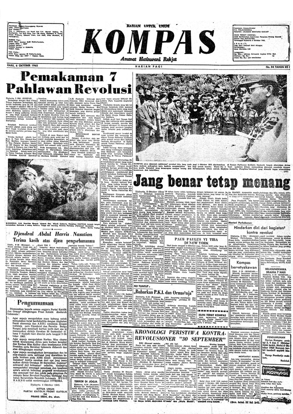 Berita terkait peristiwa Gerakan 30 September 1965 dengan judul "Pemakaman 7 Pahlawan Revolusi" yang tayang di Harian Kompas edisi Rabu, 6 Oktober 1965.