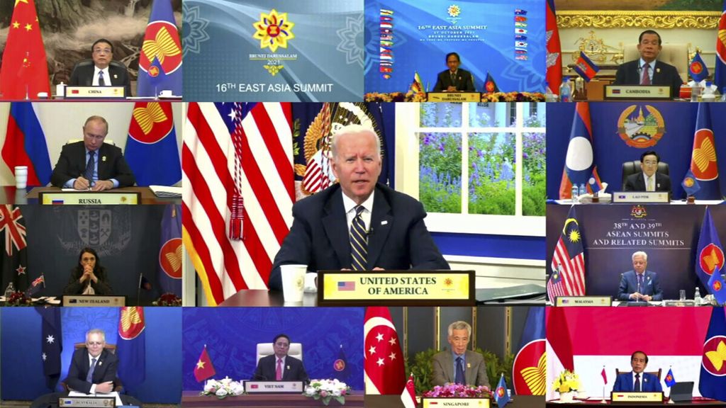 In this image released by Brunei ASEAN Summit, United States President Joe Biden speaks in the virtual meetingof ASEAN – East Asia Summit on the sidelines of the Association of Southeast Asian Nations (ASEAN) summit with the leaders, Wednesday, Oct. 27, 2021. Southeast Asian leaders began their annual summit without Myanmar on Tuesday amid a diplomatic standoff over the exclusion of the leader of the military-ruled nation from the group’s meetings. 