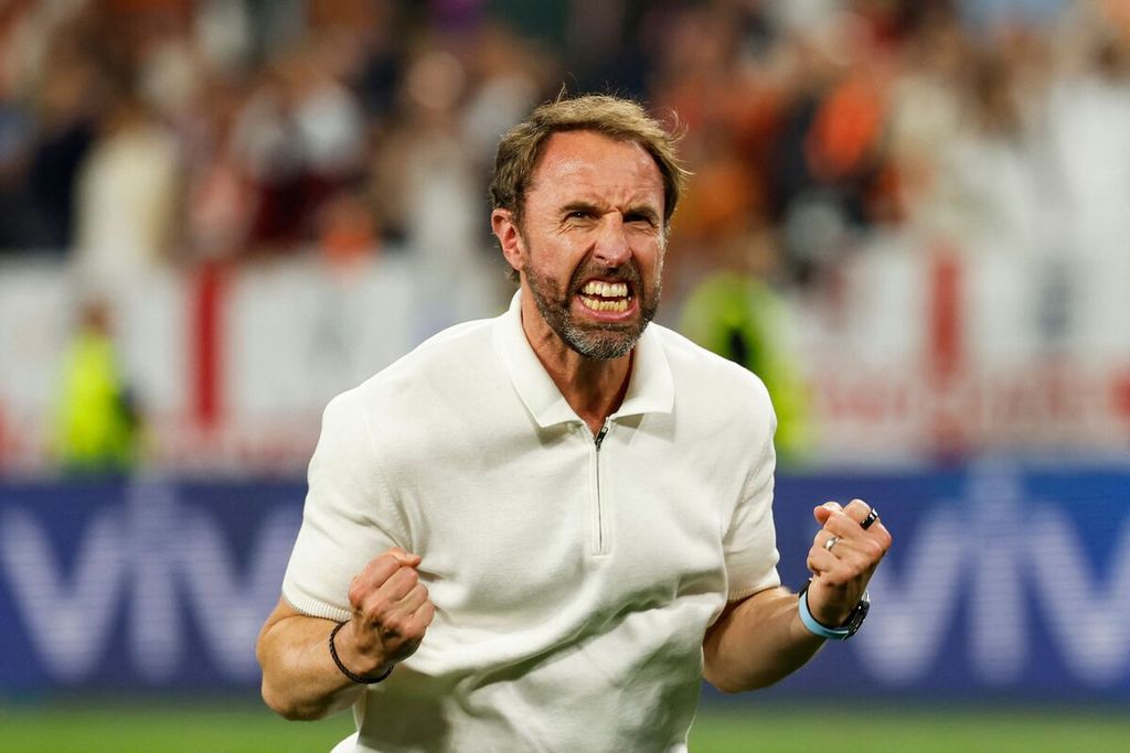 Ekspresi gembira Pelatih Inggris Gareth Southgate setelah pertandingan semifinal Piala Eropa 2024 antara Belanda dan Inggris di Stadion BVB Dortmund, Jerman, Kamis (11/7/2024) dini hari WIB.