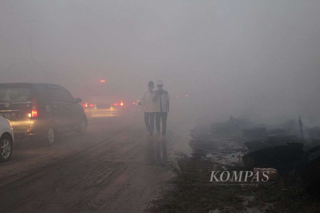 Kebakaran Lahan terjadi di sisi ruas jalan Palembang-Tanjung Api-Api, Banyuasin, Sumatera Selatan, Selasa (12/11/2019). 