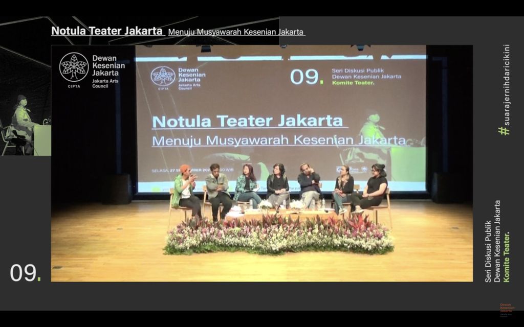 Diskusi publik bertajuk “Notula Tetaer Jakarta: Menuju Musyawarah Kesenian Jakarta” pada Selasa (27/9/2022) malam. Diskusi diselenggarakan Dewan Kesenian Jakarta (DKJ) secara luring dan daring di kanal Youtube Dewan Kesenian Jakarta.