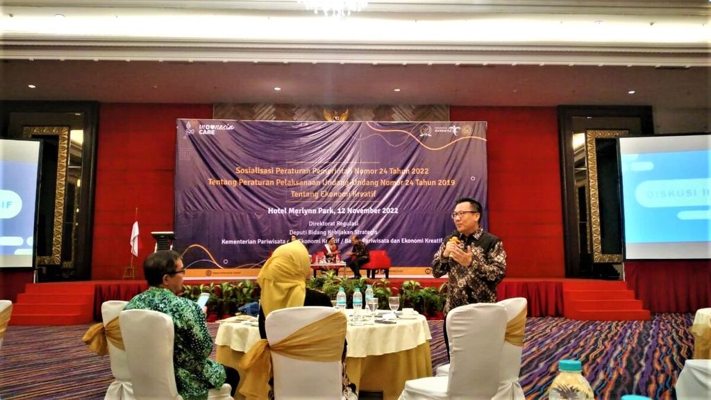 Diskusi interaktif sosialisasi PP Nomor 24 Tahun 2022 mengenai skema pembayaran berbasis kekayaan intelektual di Gambir, Jakarta Pusat pada Sabtu (12/11/2022).