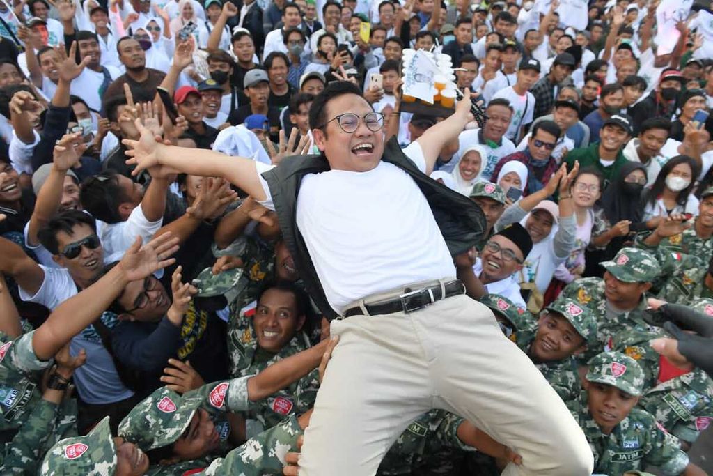 Ketua Umum PKB Muhaimin Iskandar saat mendeklarasikan diri sebagai calon presiden pada pilpres 2024 di Gelora Delta Sidoarjo, Sabtu (6/8/2022).