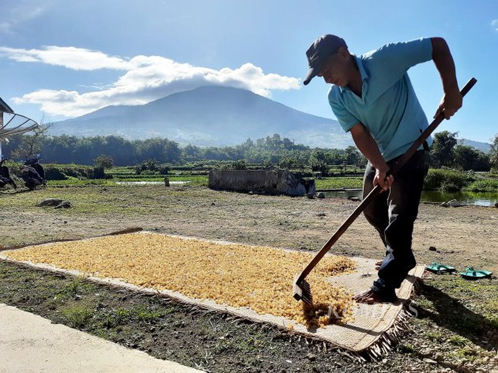 Adrian (55), perajin kerupuk kulit, menjemur potongan kulit sapi di halaman rumahnya dengar latar belakang Gunung Marapi, di Nagari Pandai Sikek, Kecamatan X Koto, Kabupaten Tanah Datar, Sumbar, Jumat (27/5/2022). 