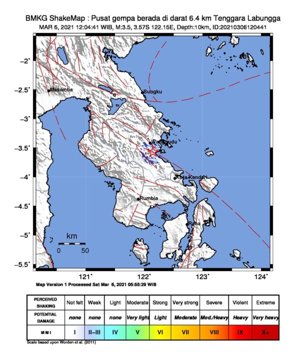 Gempa bumi berkekuatan magnitudo 3,5 mengguncang Labungga, Konawe Utara, Sulawesi Tenggara, Sabtu (6/3/2021) siang. Gempa susulan dengan kekuatan magnitudo 2,9 terjadi setelahnya. Sesar Lawanopo di wilayah ini terus aktif.
