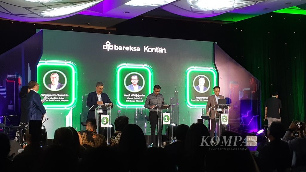 Perwakilan tiga koalisi peserta Pilpres tampil dalam debat bertajuk "Arah dan Wajah Pasar Modal Indonesia 2024" yang diselenggarakan Kontan dan Bareksa di Jakarta, Kamis (9/11/2023) malam.