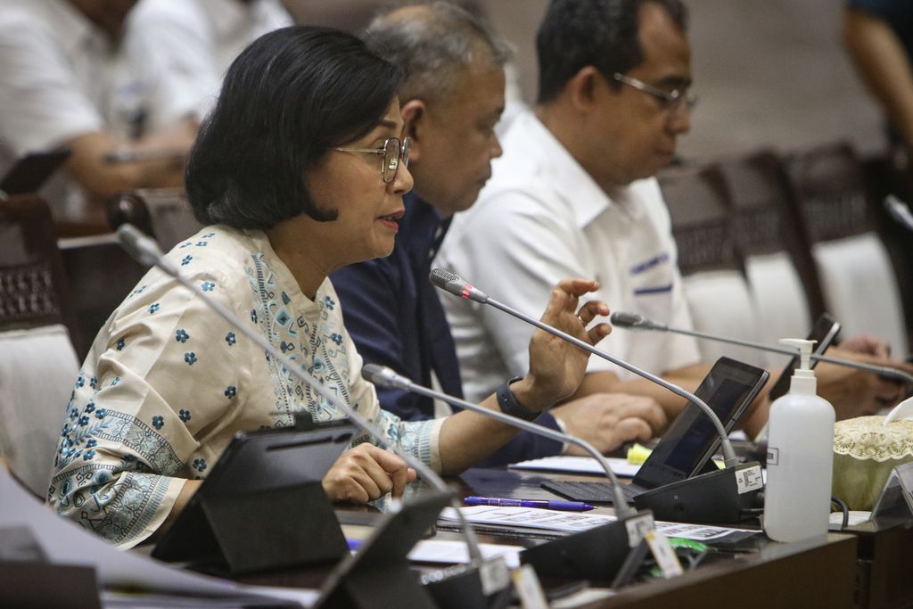 Minister of Finance Sri Mulyani Indrawati speaks at a working meeting with Commission XI of the DPR at the Parliament Building, Jakarta, Monday (27/3/2023). The working meeting also discussed the findings of the Financial Transaction Reports and Analysis Center (PPATK) regarding suspicious transactions at the Ministry of Finance amounting to IDR 349 trillion.
