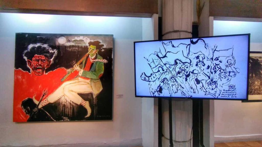 Lukisan berjudul "Balada Demonstran dan Pinokio" karya perupa, penyair, sekaligus jurnalis Yusuf Susilo Hartono yang berukuran 140 cm x 140 cm dan dibuat menggunakan cat akrilik di atas kanvas dipajang di ruang pameran Bentara Budaya Jakarta, Jumat (19/5/2023).