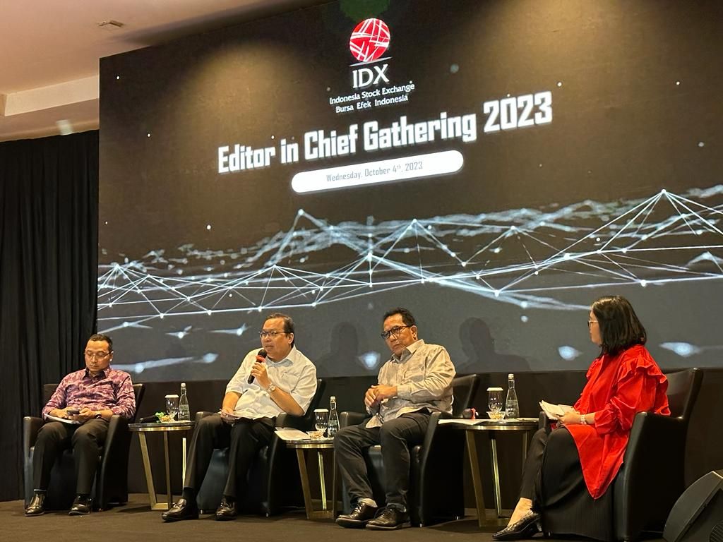 Diskusi panel Editor in Chief Gathering bersama lembaga Self-Regulatory Organization (SRO) pasar modal Indonesia di Jakarta, Rabu (4/10/2023).