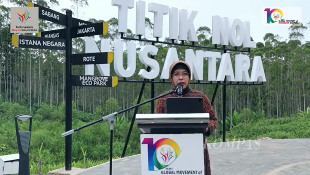 Deputi Bidang Ekonomi Kementerian Perencanaan Pembangunan Nasional/Bappenas, Amalia Adininggar Widyasanti, saat memberi sambutan dalam kegiatan Diaspora Indonesia di Titik Nol IKN, Rabu (6/7/2022).