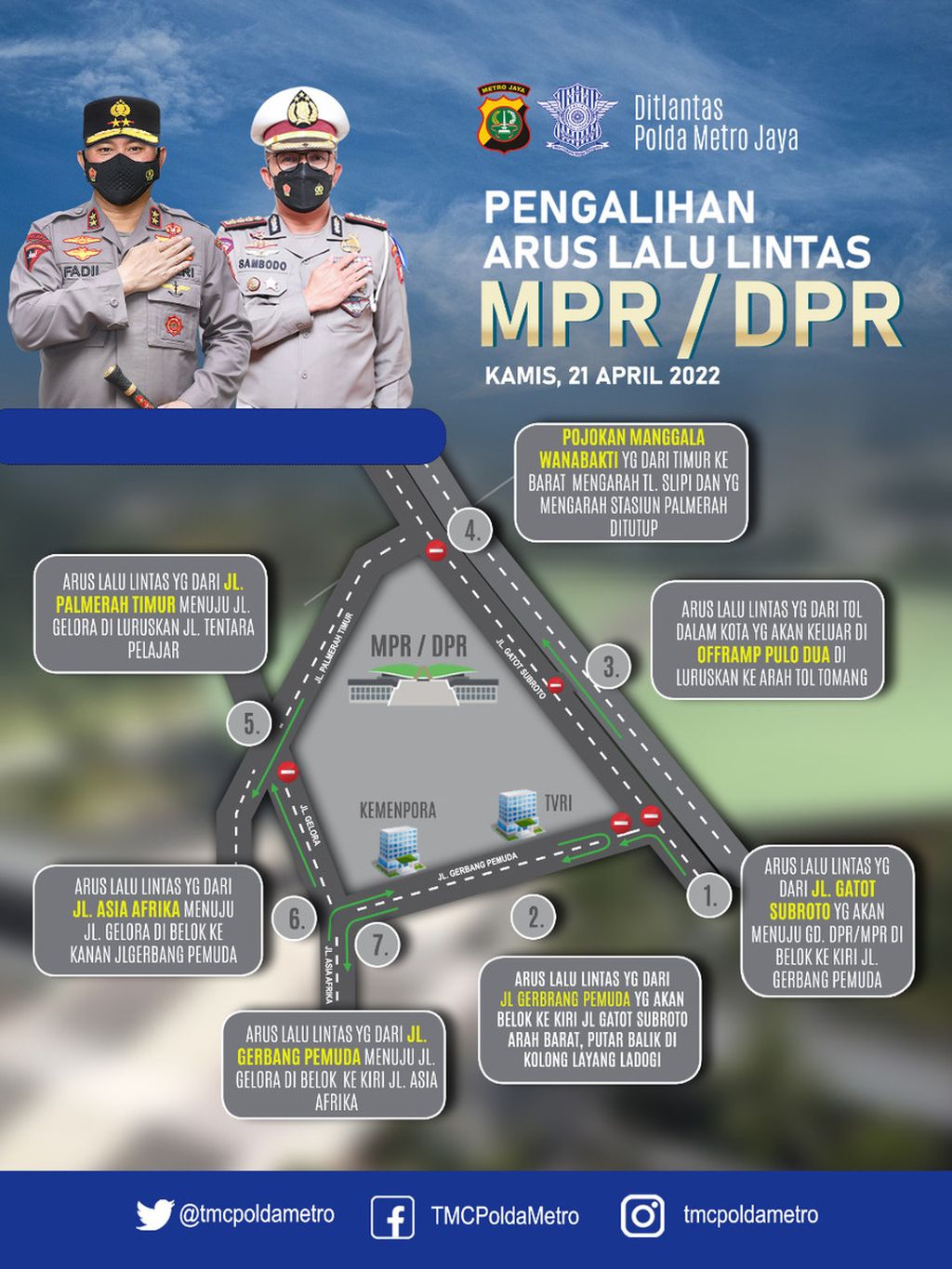 Grafis rencana rekayasa arus lalu lintas untuk menanggapi aksi 21 April 22 di Jakarta.