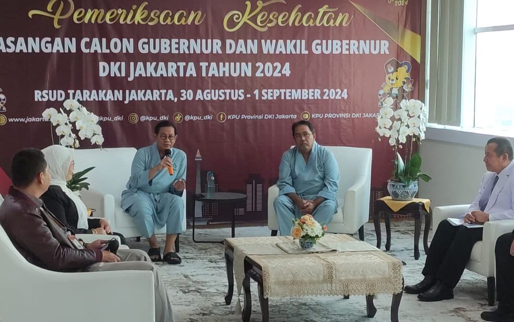 Pasangan calon gubernur dan wakil gubernur Jakarta, Pramono Anung-Rano Karno, menjalani rangkaian tes kesehatan di RSUD Tarakan, Jumat (30/8/2024). 