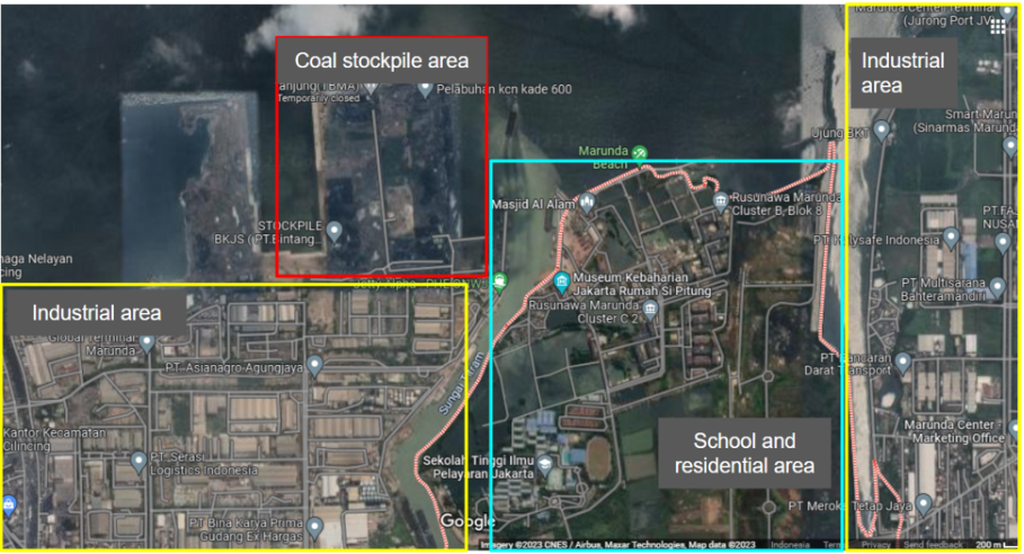 Peta kawasan Sekolah Dasar Negeri Marunda 05, Sekolah Menengah Pertama Negeri 290, dan Taman Kanak-kanak Negeri Cilincing 02, Jakarta Utara, Maret 2023.