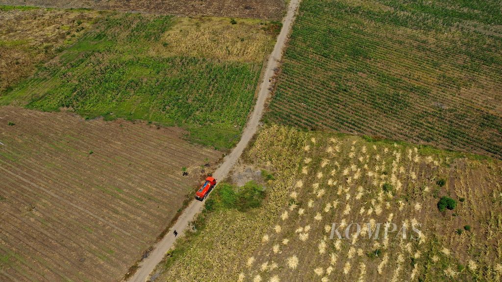 Truk tangki melintasi kebun jagung untuk mengisi bak air di Desa Fatuketi, Kecamatan Kakuluk Mesak, Kabupaten Belu, Nusa Tenggara Timur, Rabu (16/8/2023). 