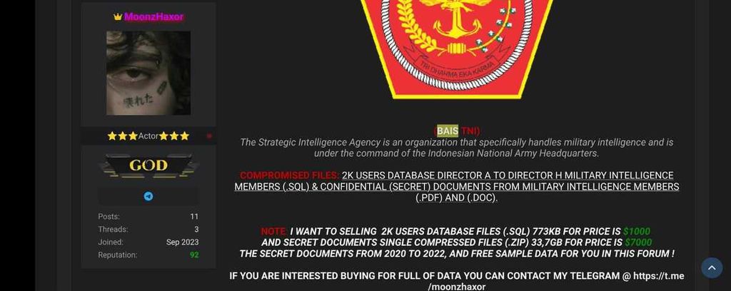 Tangkapan layar kiriman MoonzHaxor yang menjual data Bais TNI.