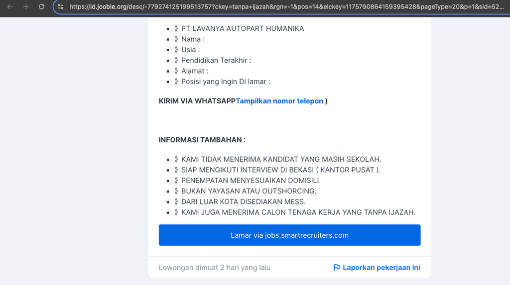 Iklan lowongan kerja PT Lavanya Autopart Humanika saat diakses, Kamis (29/8/2024), diketahui baru diunggah ke situs pencarian kerja dua hari sebelumnya.