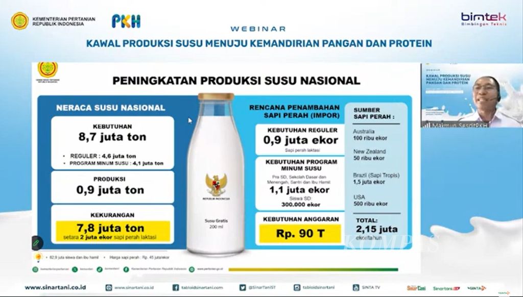 Screenshot of the Secretary of the Directorate General of Animal Husbandry and Animal Health of the Ministry of Agriculture, Makmun, explaining the National Milk Production Enhancement Program in the "Monitor Milk Production towards Food and Protein Independence" webinar held by Sinar Tani in Jakarta on Wednesday (17/4/2024).