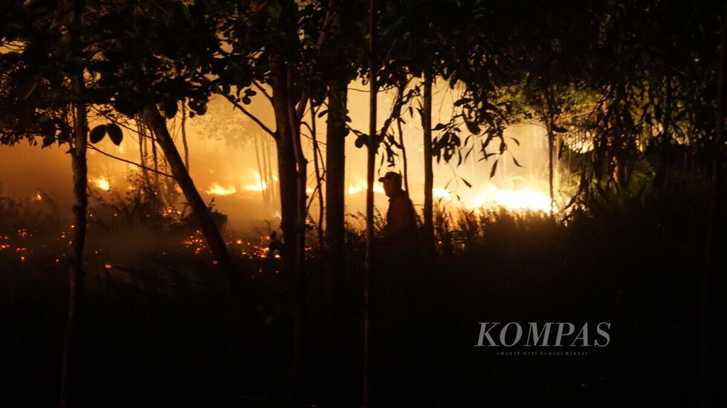 Petugas pemadam kebakaran di Palangkaraya memadamkan api hingga malam hari, Senin (9/9/2019).
