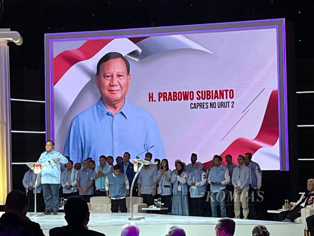 Calon presiden nomor urut 2, Prabowo Subianto, dalam debat kelima pada Pemilu 2024 yang digelar Minggu (4/2/2024).