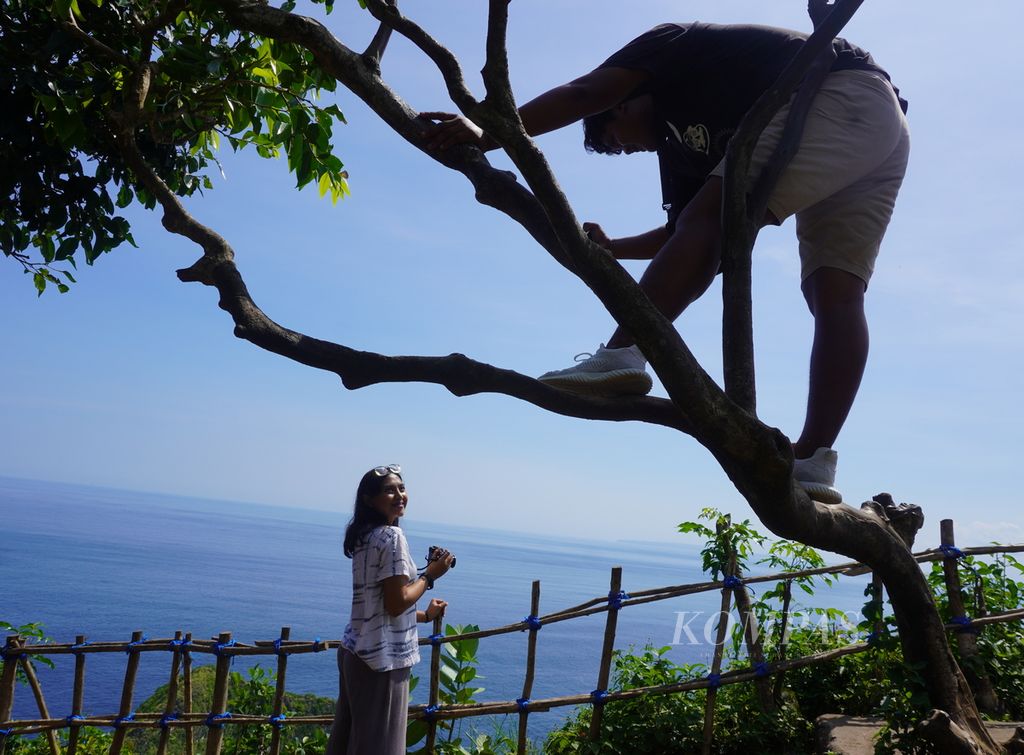 Pemandu wisata memanjat pohon untuk memotret wisatawan di kawasan Pantai Kelingking, Nusa Penida, Kabupaten Klungkung, Bali, Rabu (23/3/2022). Jasa foto dan video yang merupakan layanan tambahan atau plus-plus dari pemandu wisata diharapkan dapat menggencarkan promosi wisata.
