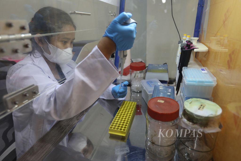 Asisten peneliti Laboratorium Genetika RSIA Tambak meneliti spesimen dalam perangkat laminar dengan metode PCR dari pemeriksaan DNA di RSIA Tambak, Menteng, Jakarta Pusat, Rabu (26/7/2023). Pemeriksaan tersebut untuk meneliti terduga (<i>suspect</i>)<i></i>kasus kelainan darah talasemia. 