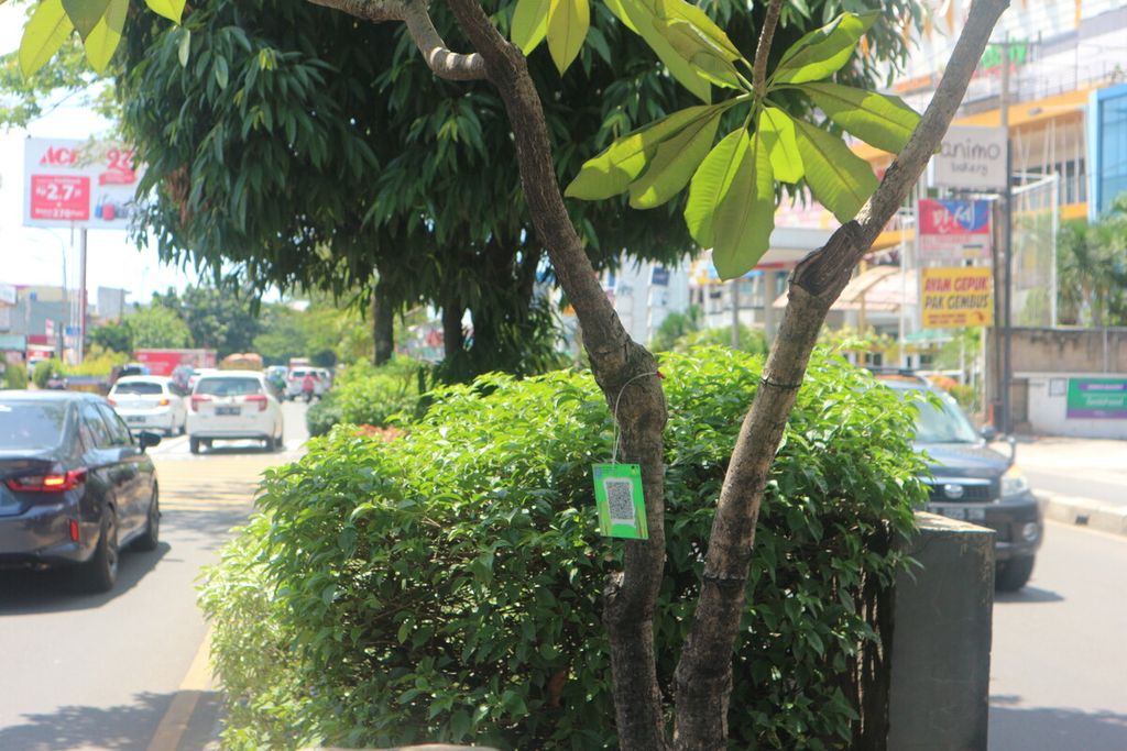 Sebatang pohon yang dipasangi kode batang di pembatas jalan di Jalan Margonda Raya, Jumat (29/11/2022). Lantaran berada di tengah pembatas jalan, warga tidak bisa dengan mudah mengaksesnya.