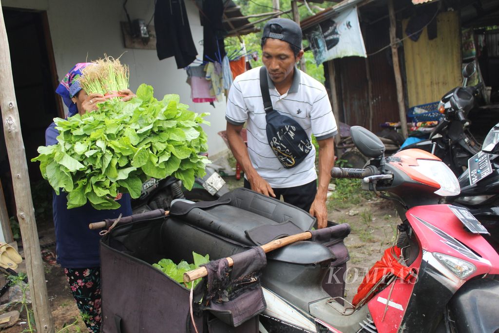 Suwanto (36), pedagang sayur keliling di Kota Palangkaraya, Kalimantan Tengah, membeli sayuran dari petani sebelum pergi keliling pada Rabu (24/1/2024) pagi. Suwanto kerap dipanggil paman sayur atau tukang sayur keliling dengan sepeda motor.