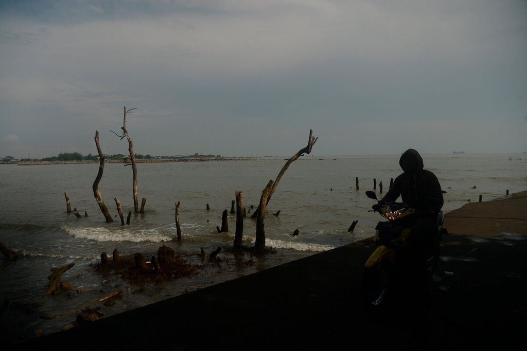 Warga melintasi bekas hutan mangrove yang masih menyisakan batang-batang pohon yang telah mati di Mangunharjo, Kecamatan Tugu, Kota Semarang, Jawa Tengah, Jumat (4/3/2022).