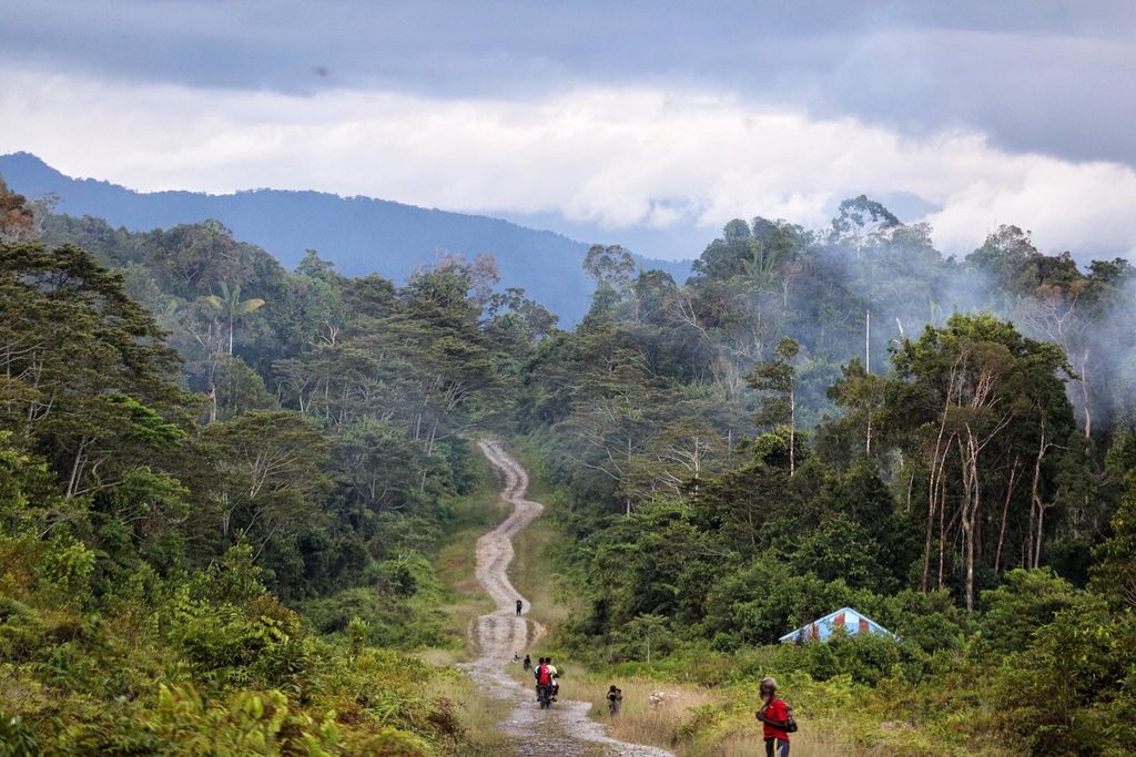 Kondisi jalur Trans-Papua seksi Nduga-Wamena di kawasan Kenyam, Sabtu (16/10/2021). Pembangunan Jalan yang berada di sekitar kawasan TN Lorentz tersebut terbengkalai sejak terjadi penembakan terhadap para pekerja oleh kelompok kriminal bersenjata pada akhir tahun 2018.