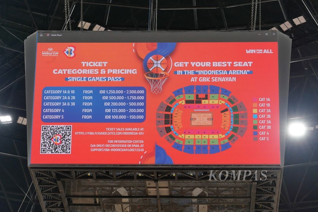 Daftar harga tiket per pertandingan Piala Dunia Bola Basket FIBA 2023 di Indonesia Arena, Kompleks Olahraga Gelora Bung Karno, Senayan, Jakarta, Selasa (11/7/2023).