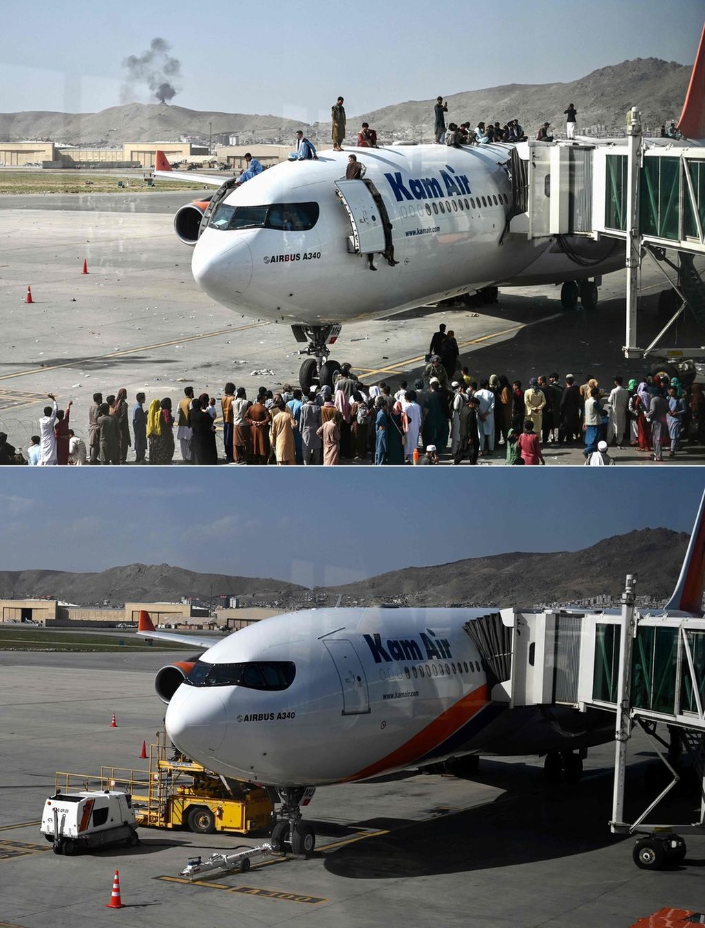 Gabungan dua foto yang dibuat pada 10 Agustus 2022 ini memperlihatkan (foto atas) warga Afghanistan naik ke atas pesawat saat mereka menunggu di bandara Kabul di Kabul, 16 Agustus 2021, sementara (foto bawah) pemandangan di lokasi yang sama saat foto diambil pada 1 Agustus 2022. 