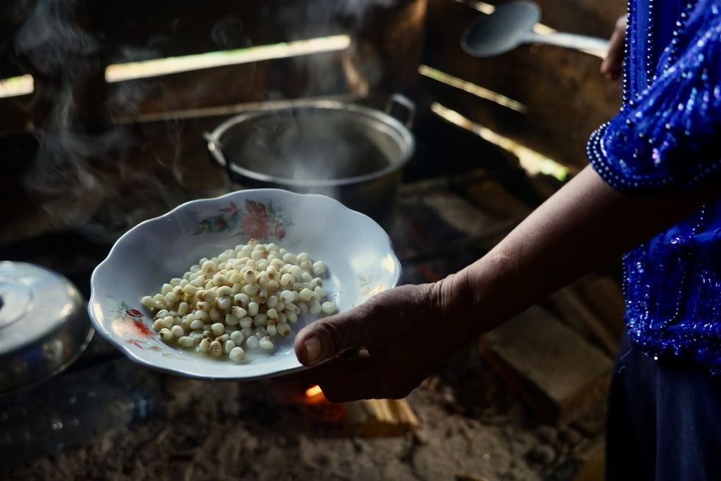 Wa Kalina (55) menunjukkan jagung tua yang telah diolah menjadi kambose di Kelurahan Wamelai, Lawa, Muna Barat, Sulawesi Tenggara, Sabtu (26/8/2023). Jagung masih menjadi bagian erat dalam konsumsi masyarakat sehari-hari. 