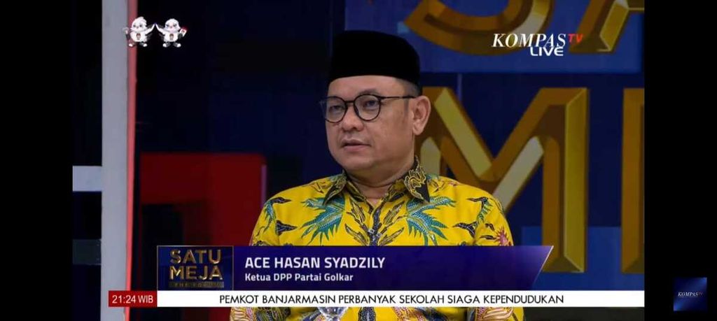 Ketua Dewan Pimpinan Pusat Partai Golkar Ace Hasan Syadzily pada acara Satu Meja the Forum bertajuk Ribut-ribut Koalisi, Menteri Jokowi Sibuk Sendiri yang disiarkan Kompas TV, Rabu (3/5/2023) malam.