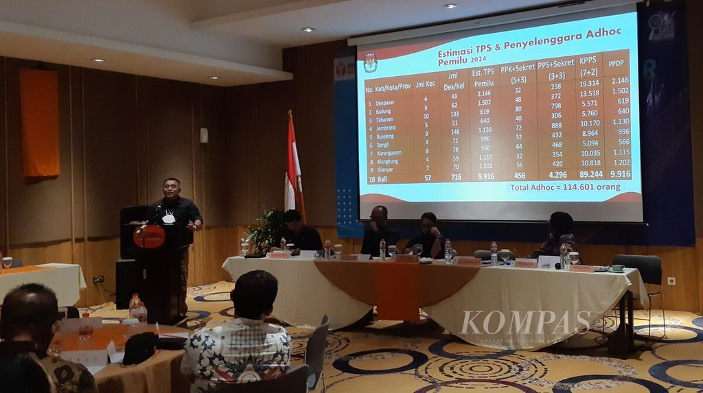 Ketua KPU Provinsi Bali I Dewa Agung Gede Lidartawan (berdiri, kiri) memberikan pemaparan dalam kegiatan rapat bersama stakeholder pelaksanaan Pemilu 2024, yang diselenggarakan Bawaslu Provinsi Bali di Kuta, Badung, Jumat (9/9/2022).