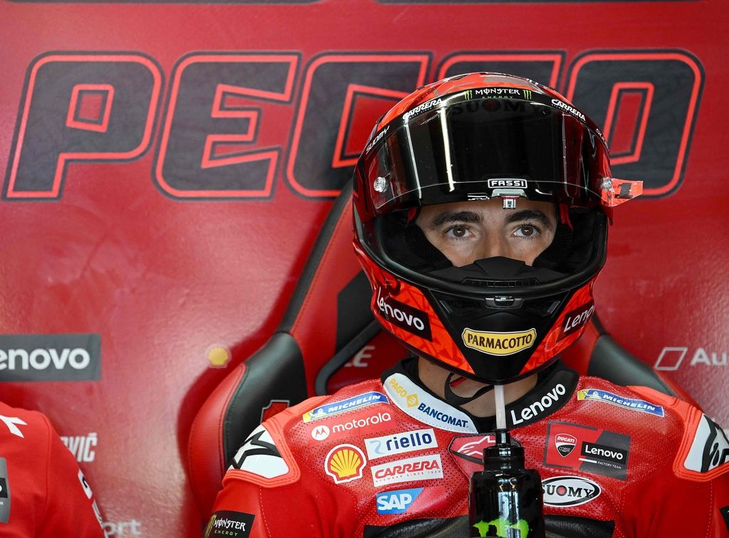 Pebalap Ducati Francesco Bagnaia saat sesi latihan bebas di MotoGP seri San Marino, Jumat (8/9/2023).