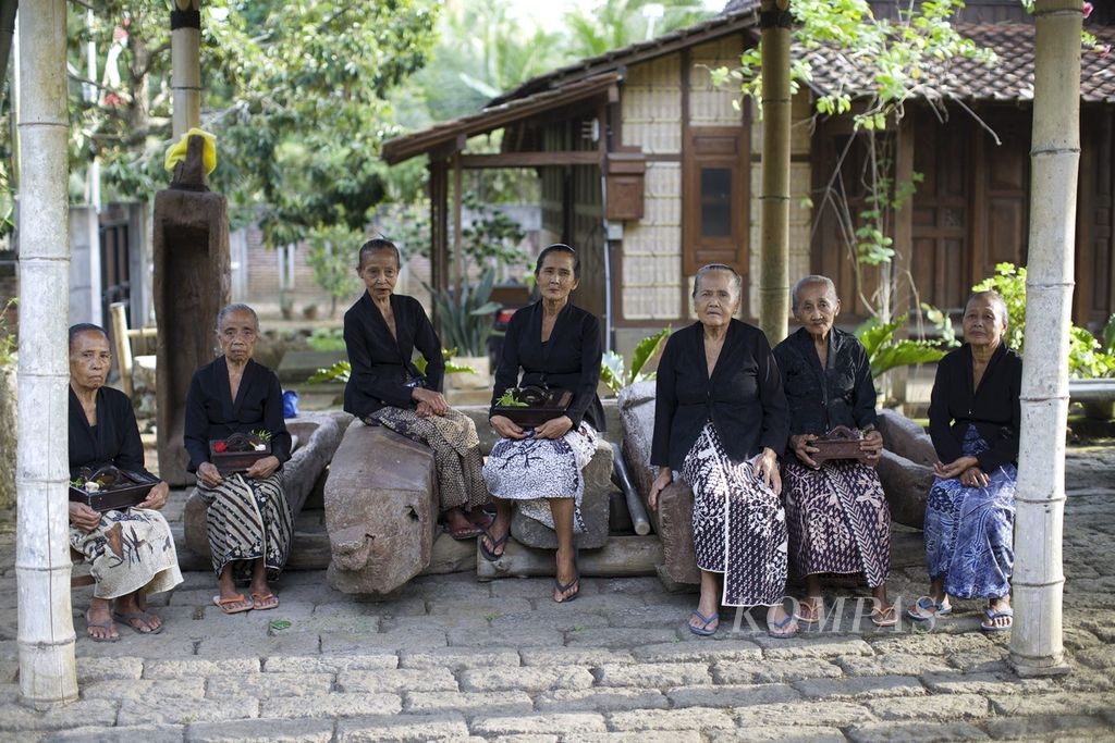 Batik digunakan perempuan lanjut usia masyarakat adat Using di Sanggar Genjah Arum, Desa Kemiren, Glagah, Banyuwangi, Jawa Timur, Selasa (21/6).
