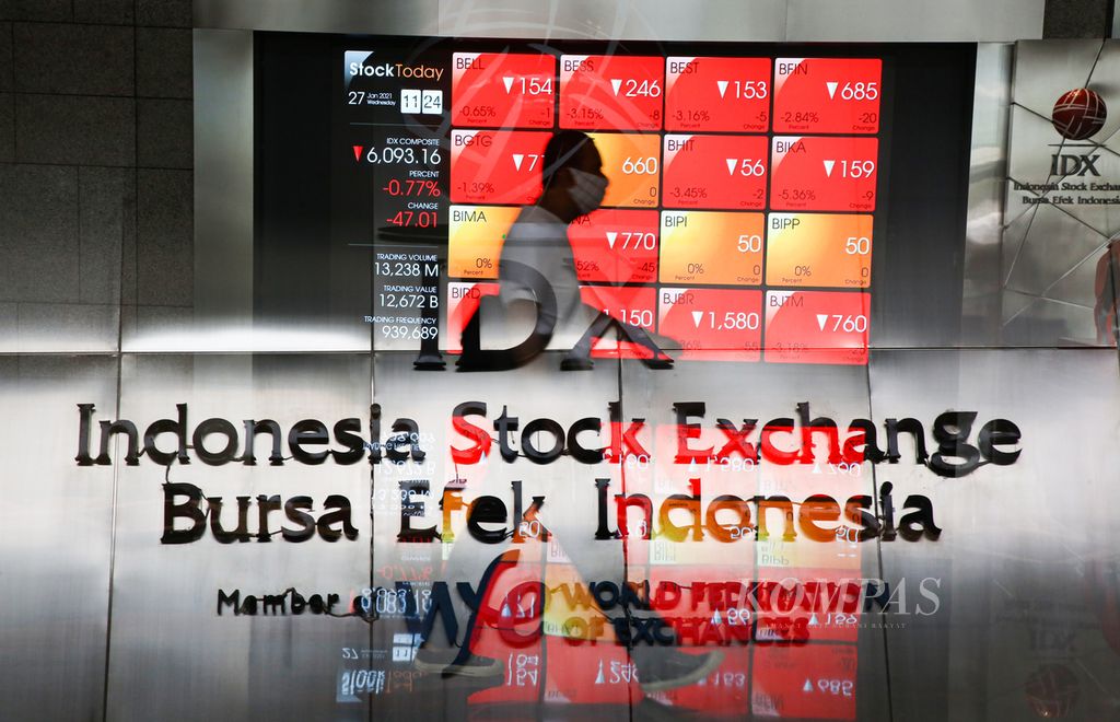 Foto pemidang tilik ganda (<i>double exposure</i>) pergerakan indeks pada perdagangan sesi pertama di Bursa Efek Indonesia di Jakarta, Rabu (27/1/2021). 