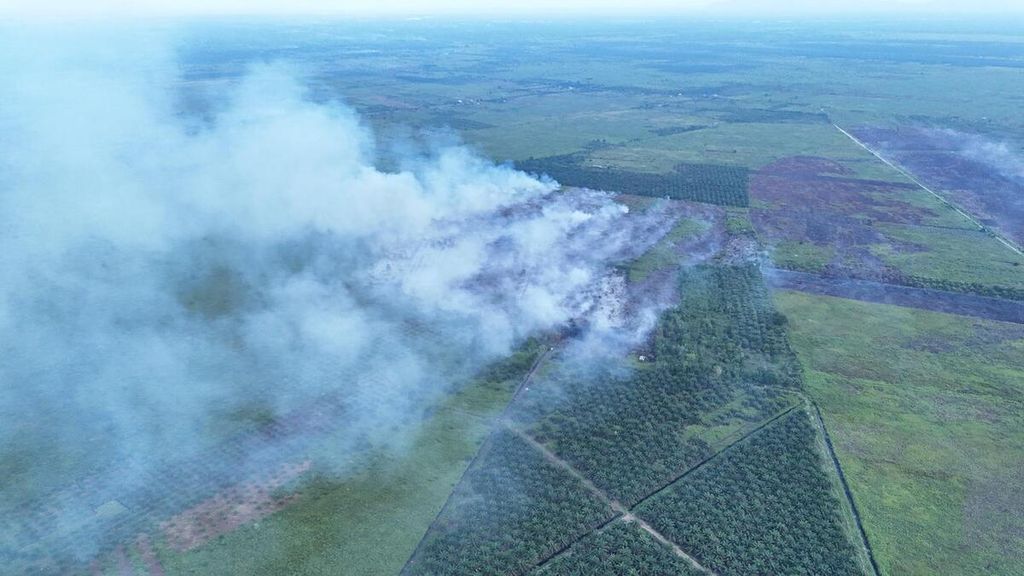 Kebakaran lahan gambut di Kabupaten Kubu Raya, Kalimantan Barat, Senin (22/7/2024), dari pantauan <i>drone</i>.