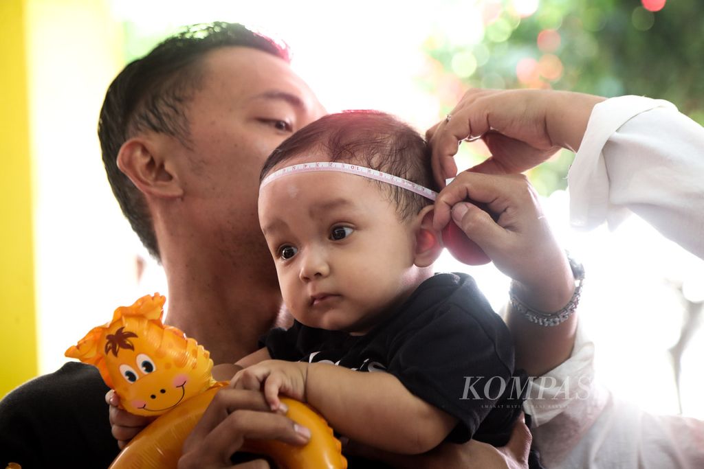 Petugas puskesmas mengukur lingkar kepala bayi di Ruang Publik Terpadu Ramah Anak Garuda, Jakarta, Selasa (15/8/2023). 