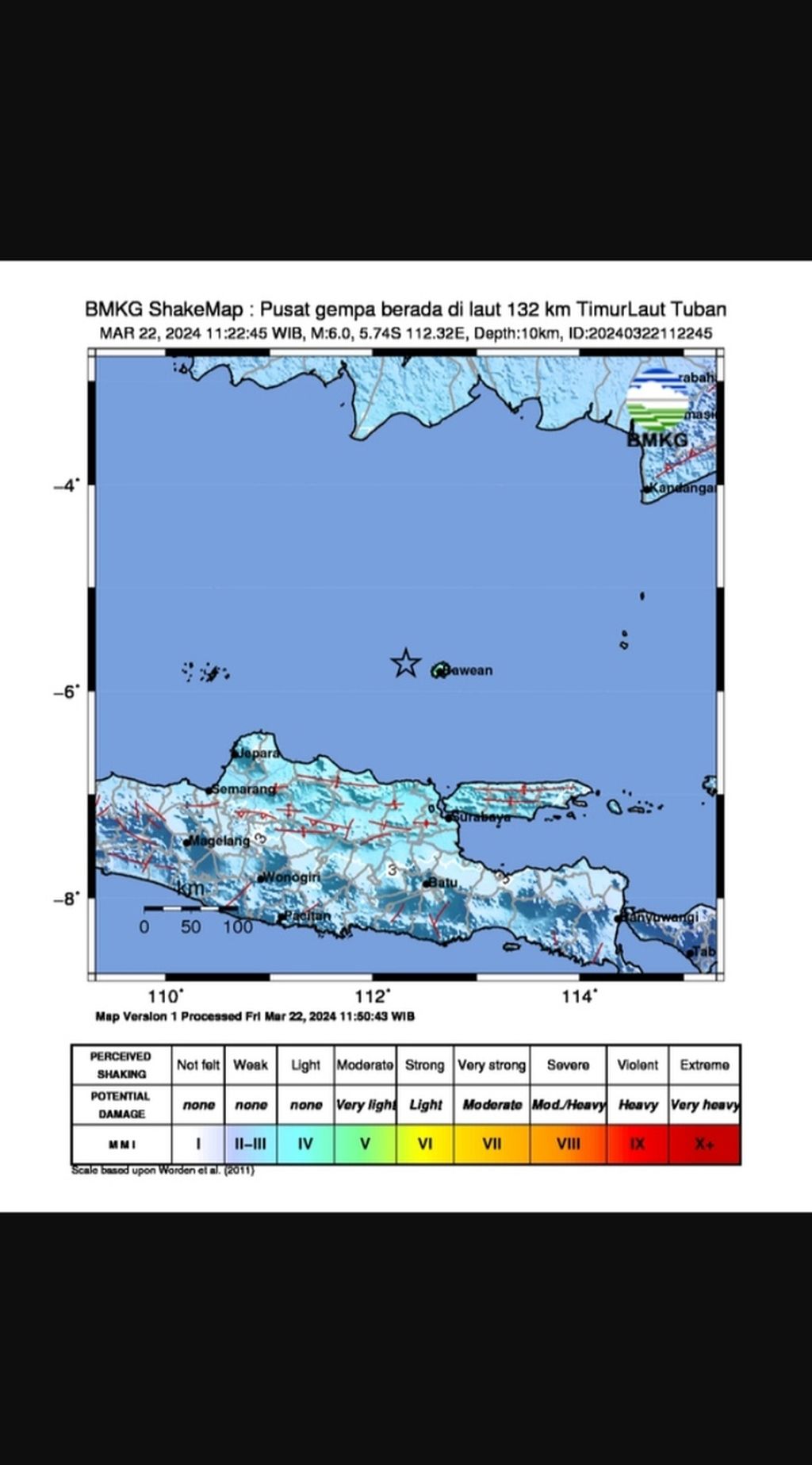 Tangkapan layar pada akun resmi BMKG tentang gempa bumi di Laut Jawa pada Jumat (22/3/2024) pukul 11.22.