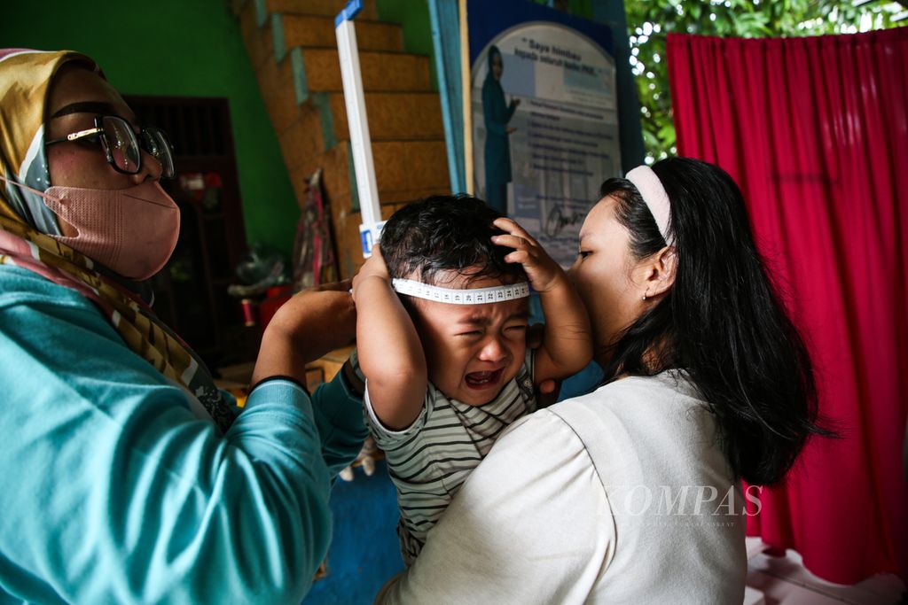 Petugas posyandu mengukur lingkar kepala anak balita dalam kegiatan pemeriksaan rutin bulanan di Posyandu Kecipir, Larangan Utara, Larangan, Kota Tangerang, Banten, 13 Juni 2024. 