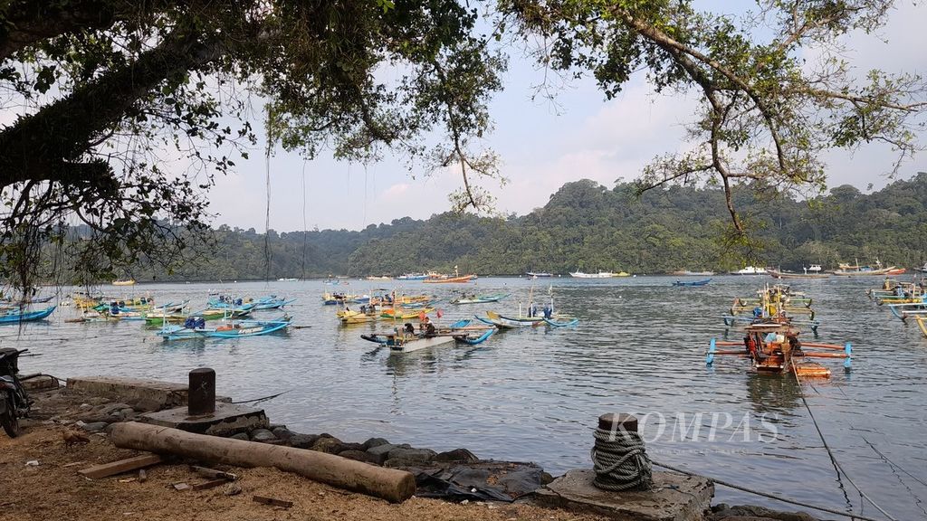 Suasana Pantai Sendangbiru di Desa Tambakrejo, Kecamatan Sumbermanjing Wetan, Kabupaten Malang, Jawa Timur, yang gelombangnya teduh, Jumat (10/6/2022) sore, tampak damai. Sejumlah perahu nelayan tengah berlabuh dengan rimba Cagar Alam Pulau Sempu menjadi latar belakangnya.