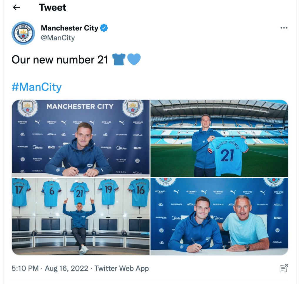 Tangkapan layar akun Twitter Manchester City menampilkan Sergio Gomez yang baru bergabung dengan Manchester City sebagai pemain bek sayap kiri.