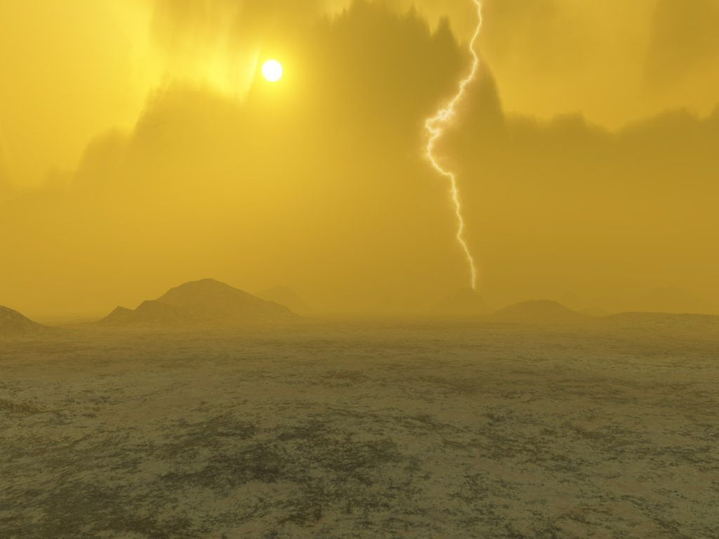 Ilustrasi tentang gambaran permukaan Venus yang terlindungi oleh atmosfer tebal. Keberadaan asam sulfat di planet itu memungkinkan terjadinya petir.