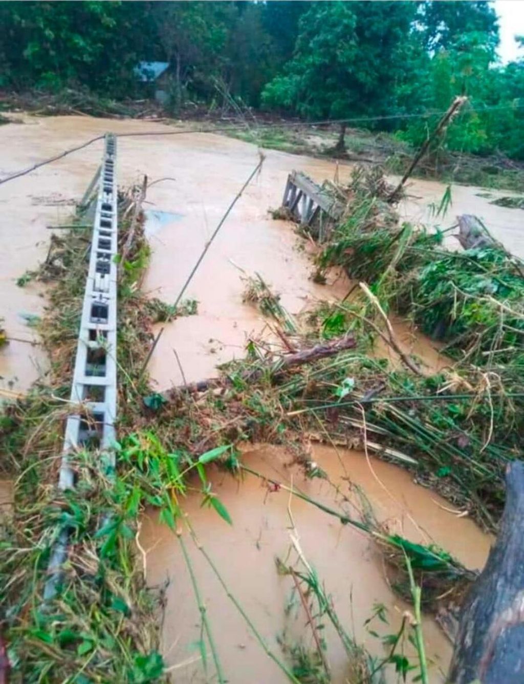 Sebuah jembatan yang menjadi akses utama masyarakat, menghubungkan empat kecamatan di Pulau Wawonii, Konawe Kepulauan, Sulawesi Tenggara, roboh diterjang banjir bandang, Senin (24/2/2020). Sedikitnya ratusan rumah terendam di lima desa akibat banjir yang membawa material kayu ini.